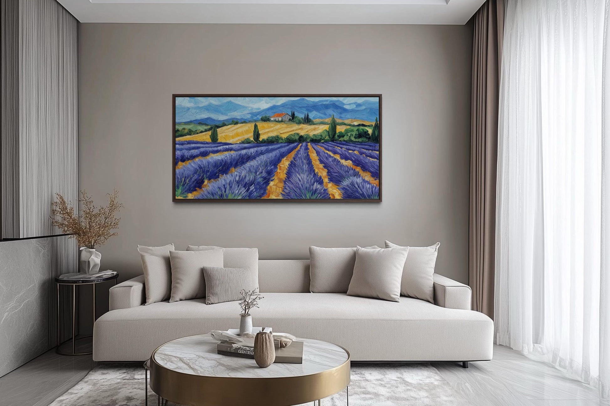 Lavender Field Wall Art - Rustic Countryside Canvas Print | Purple Flower Painting