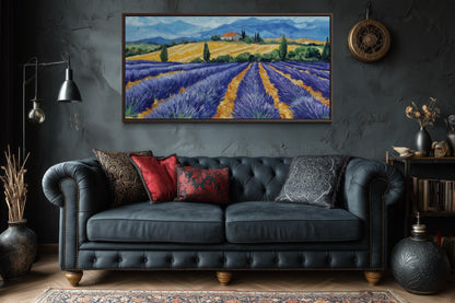 Lavender Field Wall Art - Rustic Countryside Canvas Print | Purple Flower Painting