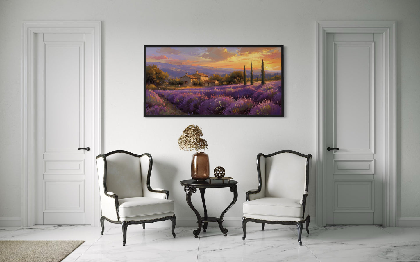 Lavender Fields of Provence At Sunset French Landscape Framed Canvas Wall Art