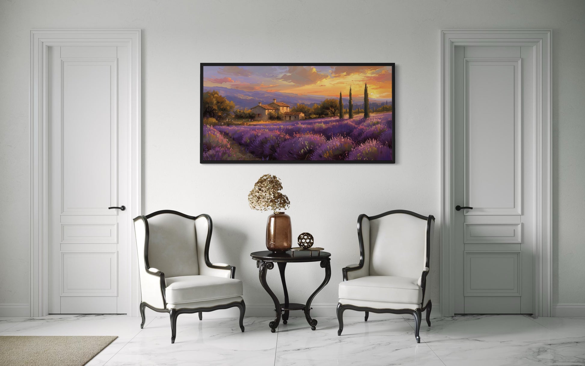 Lavender Fields of Provence At Sunset French Landscape Framed Canvas Wall Art