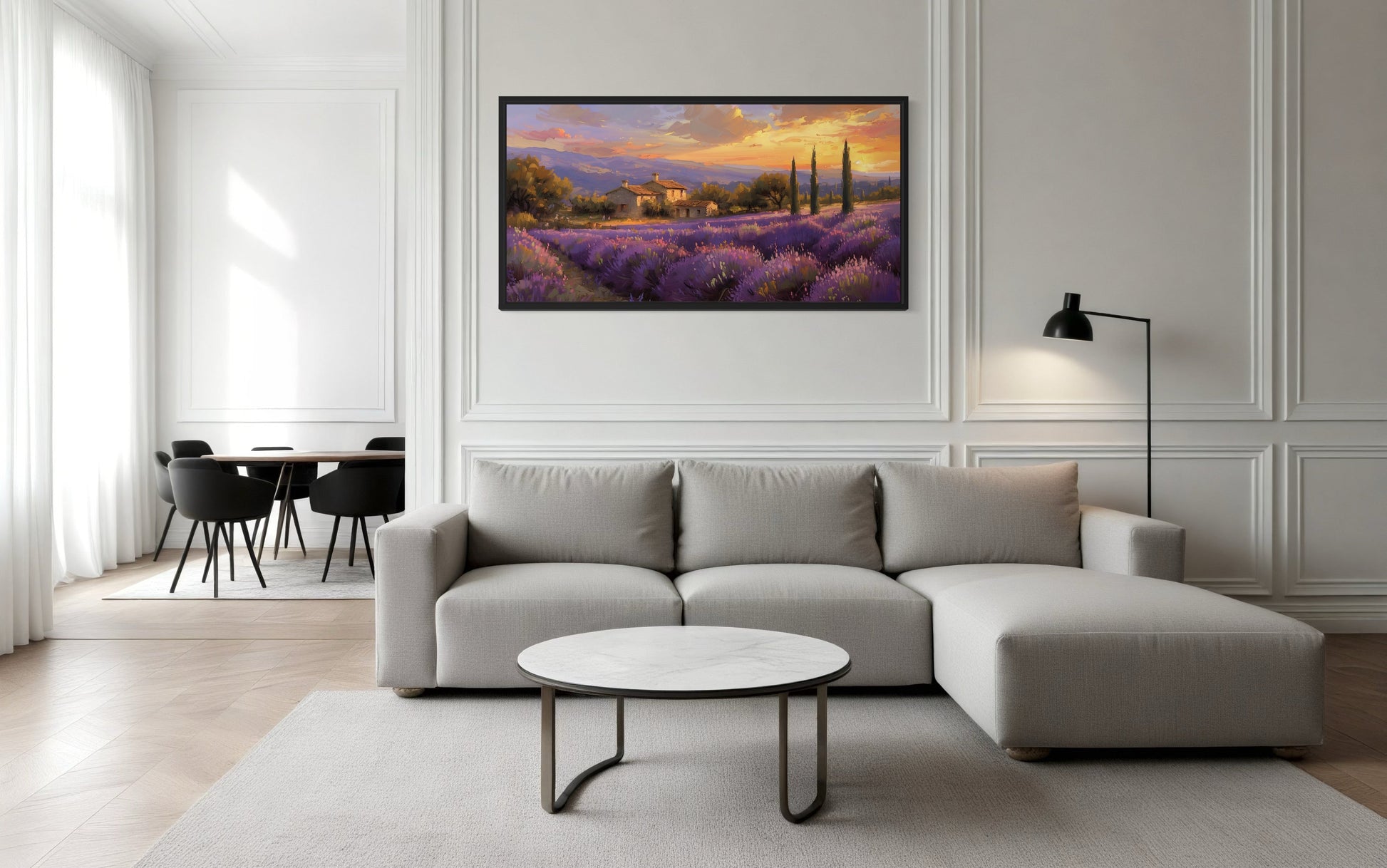 Lavender Fields of Provence At Sunset French Landscape Framed Canvas Wall Art