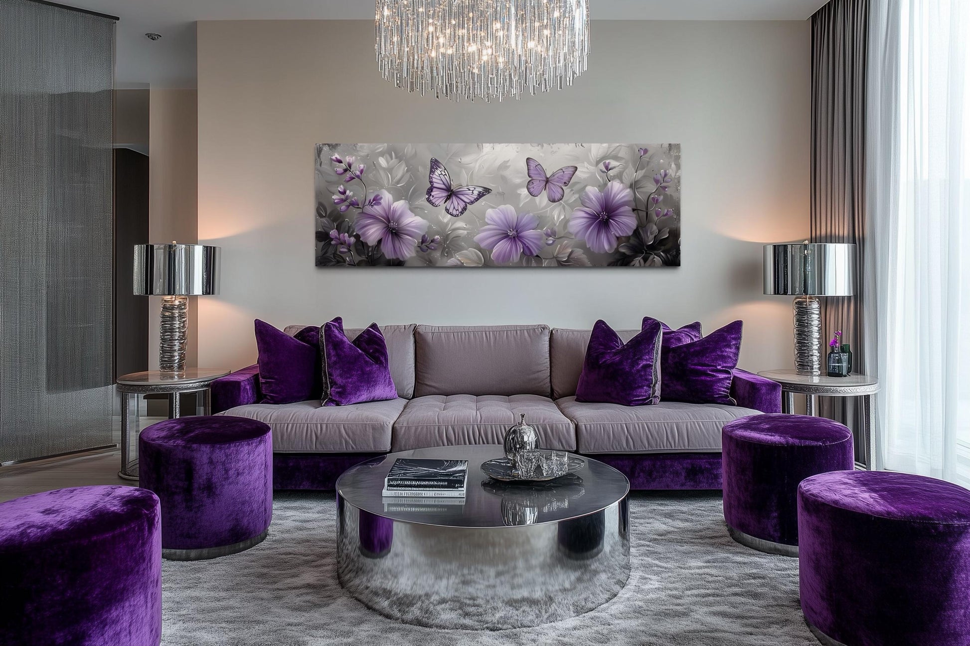Lavender Purple Floral Butterfly Horizintal Above Bed Wall Art