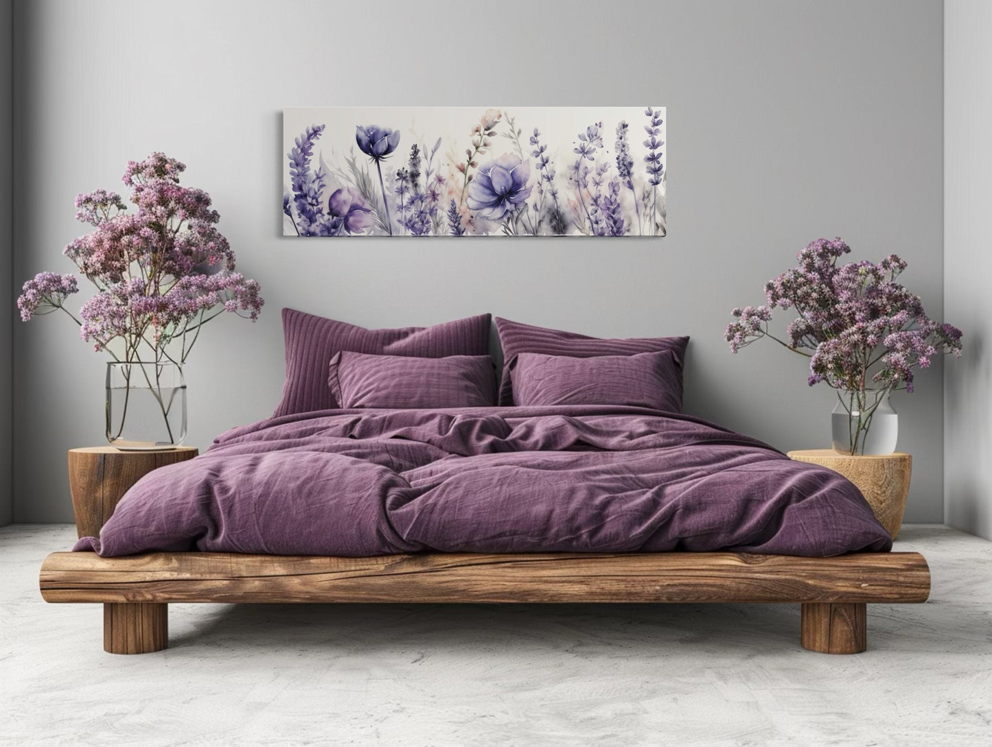 Purple Lavender Wildflowers Panoramic Above Bed Framed Canvas Wall Art