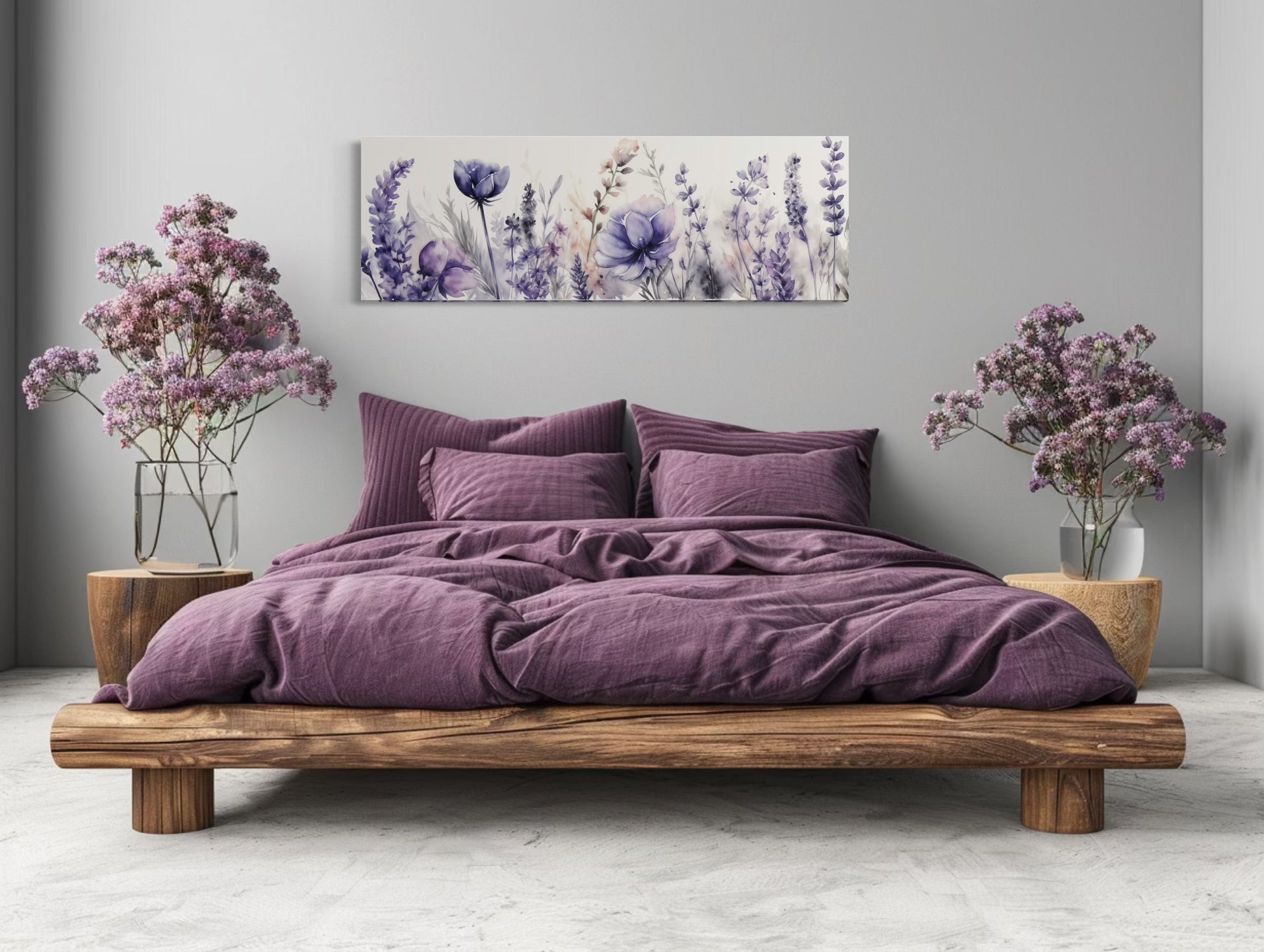 Purple Lavender Wildflowers Panoramic Above Bed Framed Canvas Wall Art