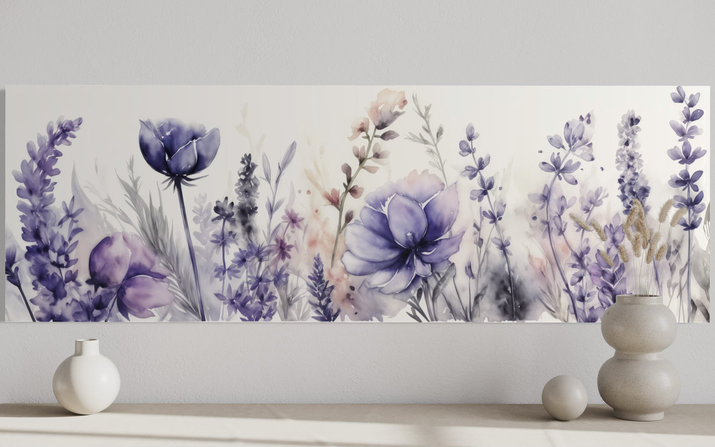 Purple Lavender Wildflowers Panoramic Above Bed Framed Canvas Wall Art