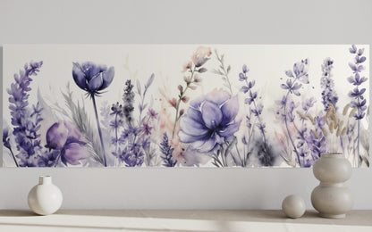 Purple Lavender Wildflowers Panoramic Above Bed Framed Canvas Wall Art