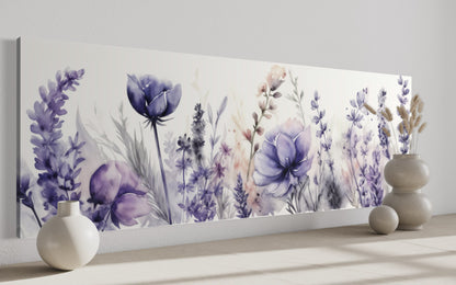 Purple Lavender Wildflowers Panoramic Above Bed Framed Canvas Wall Art