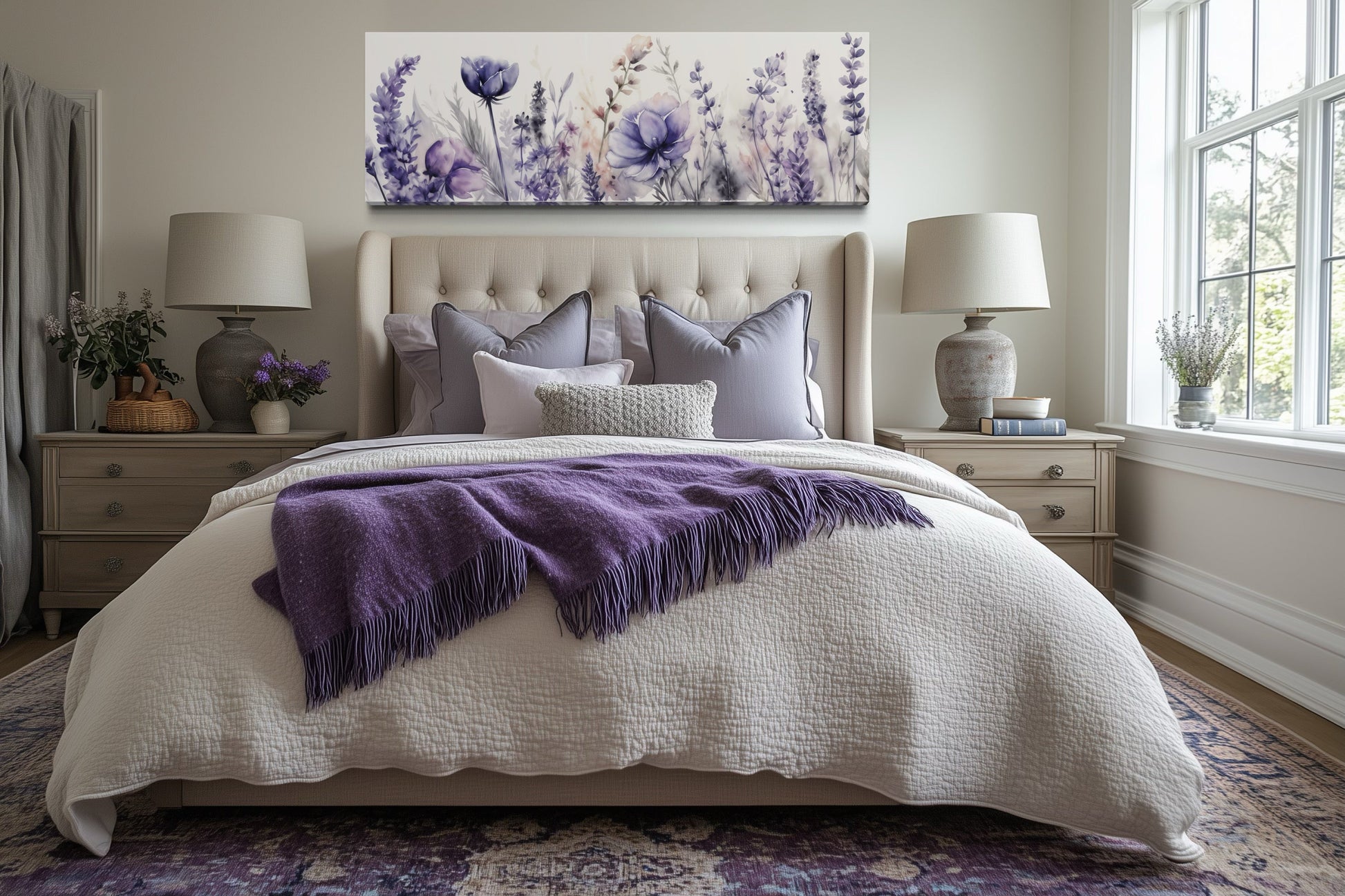 Purple Lavender Wildflowers Panoramic Above Bed Framed Canvas Wall Art