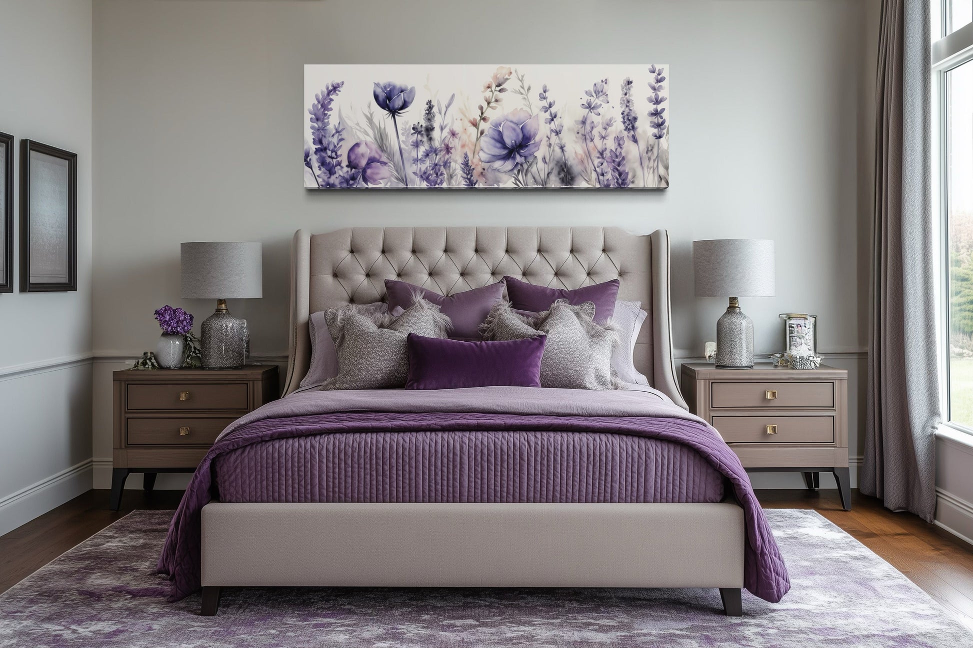 Purple Lavender Wildflowers Panoramic Above Bed Framed Canvas Wall Art