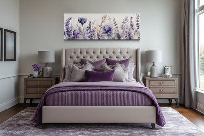 Purple Lavender Wildflowers Panoramic Above Bed Framed Canvas Wall Art