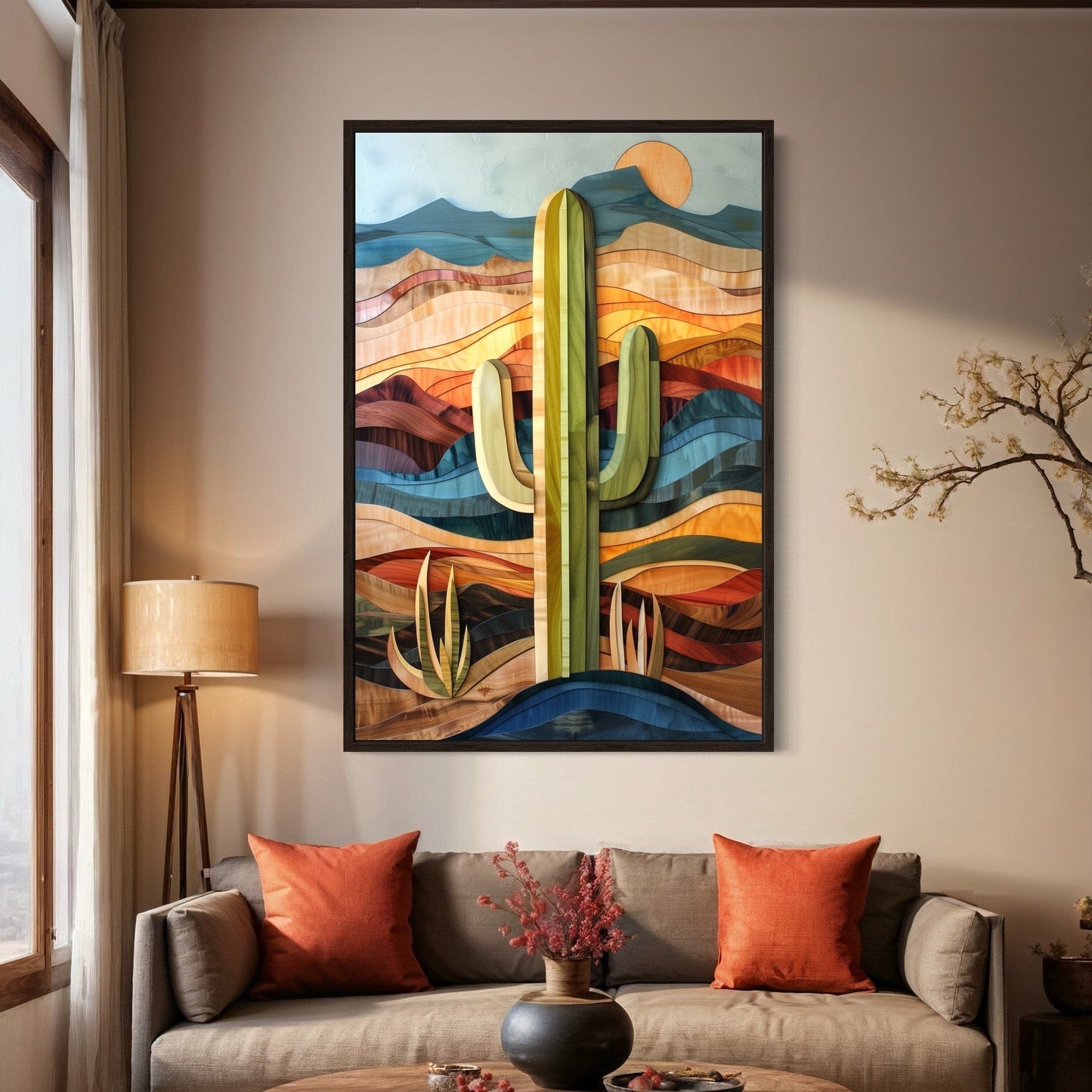 Layered Wood Style Framed Saguaro Cactus Wall Art