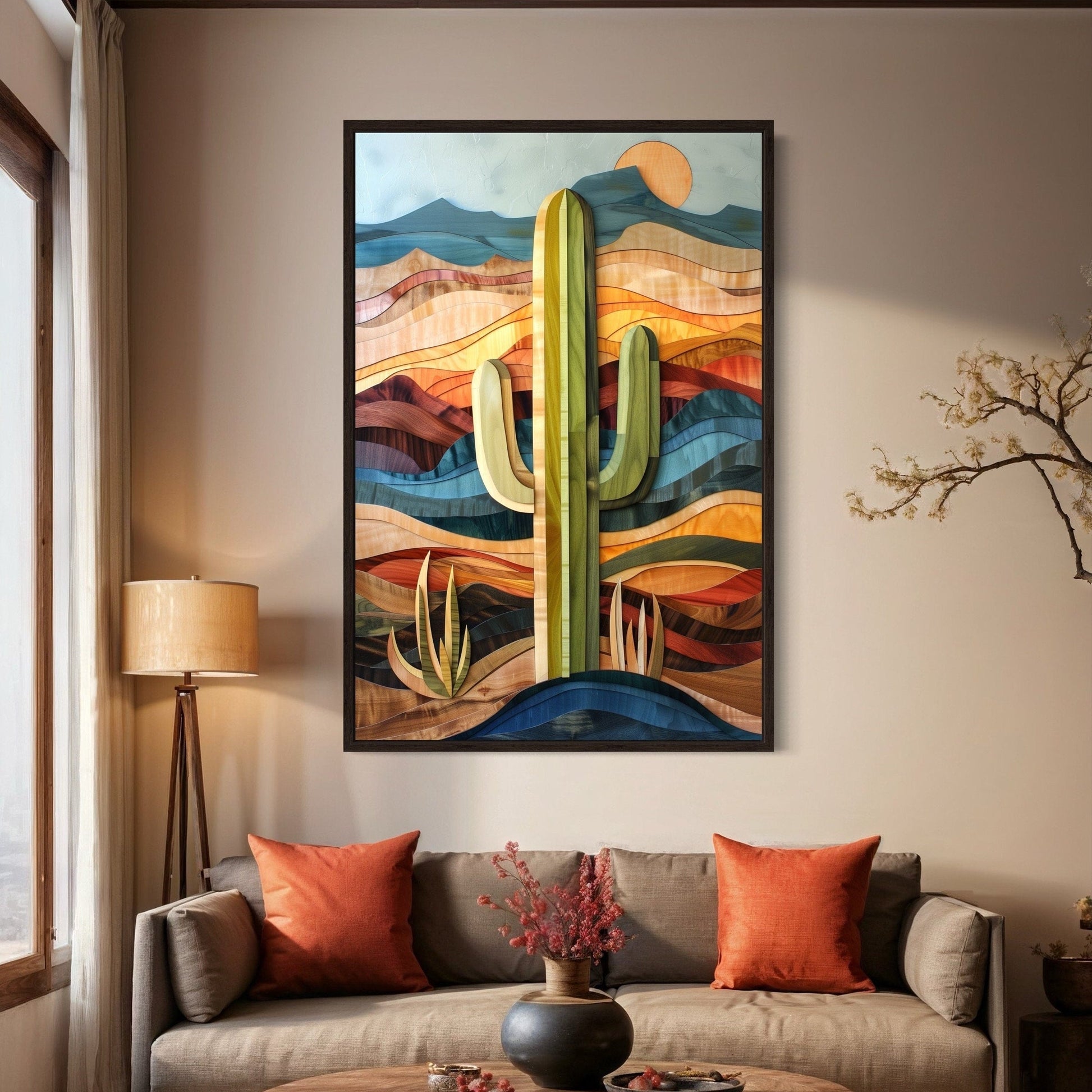 Layered Wood Style Framed Saguaro Cactus Wall Art