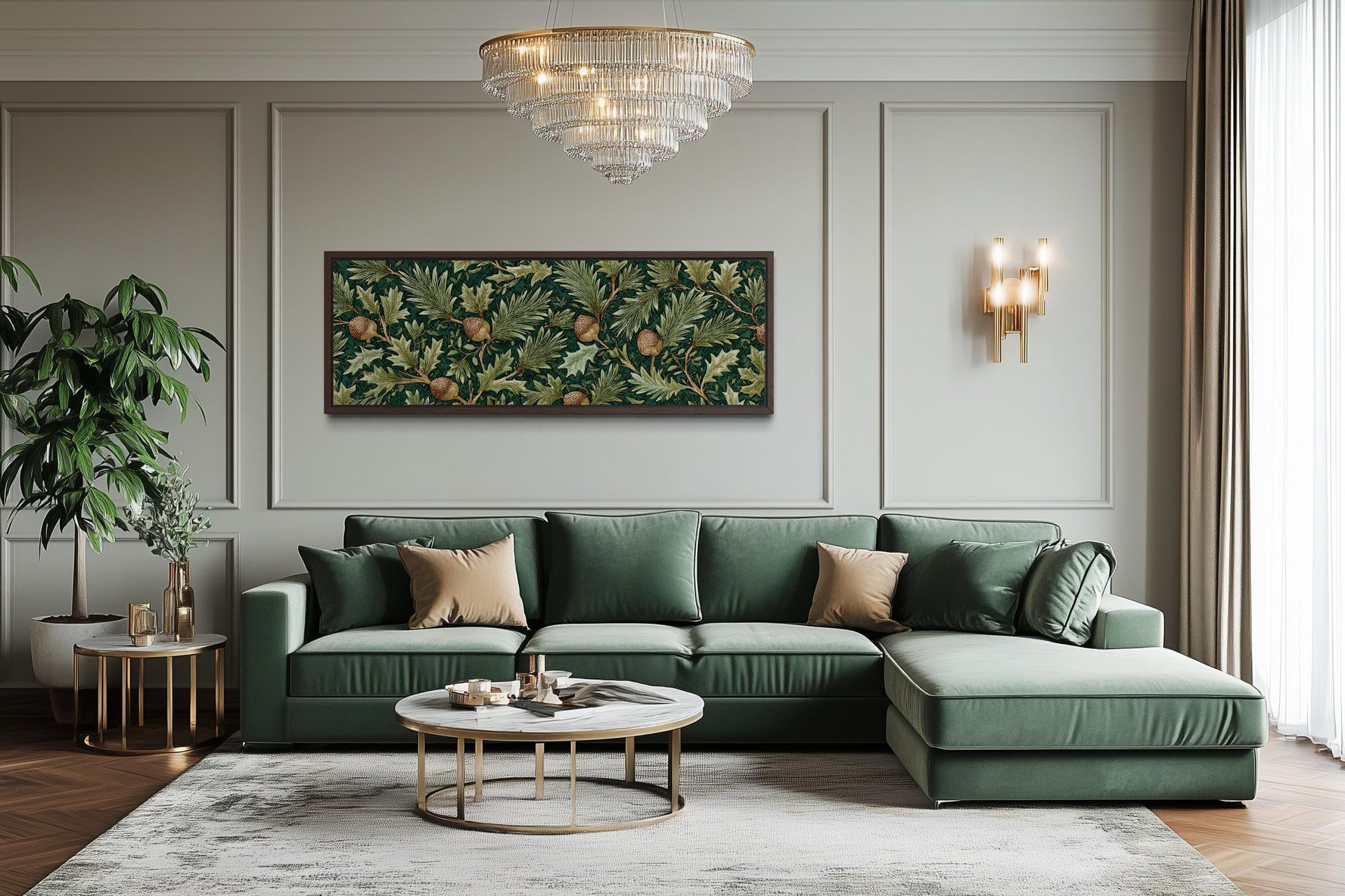 Leaves and Acorns Long Horizontal Wall Art William Morris Style Green Canvas Wall Art