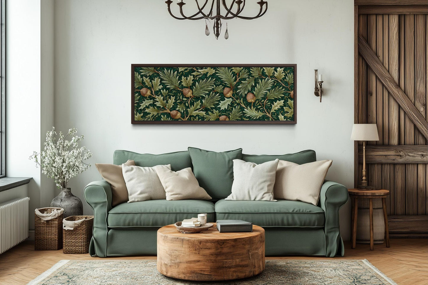 Leaves and Acorns Long Horizontal Wall Art William Morris Style Green Canvas Wall Art