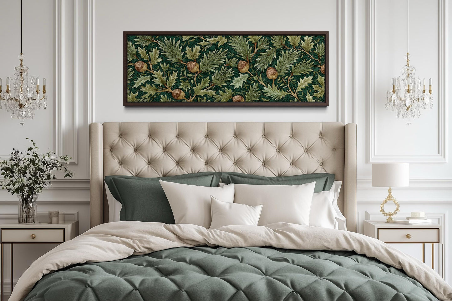 Leaves and Acorns Long Horizontal Wall Art William Morris Style Green Canvas Wall Art