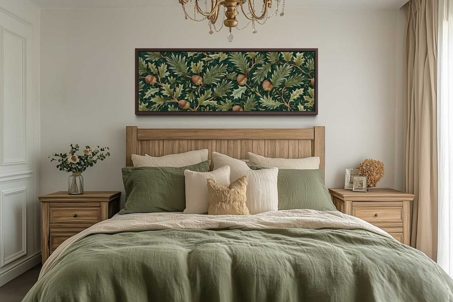 Leaves and Acorns Long Horizontal Wall Art William Morris Style Green Canvas Wall Art