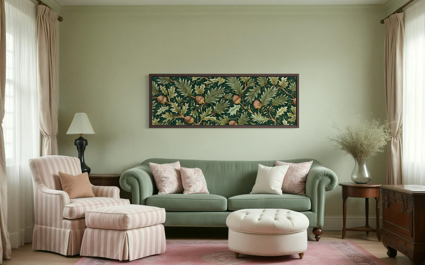 Leaves and Acorns Long Horizontal Wall Art William Morris Style Green Canvas Wall Art