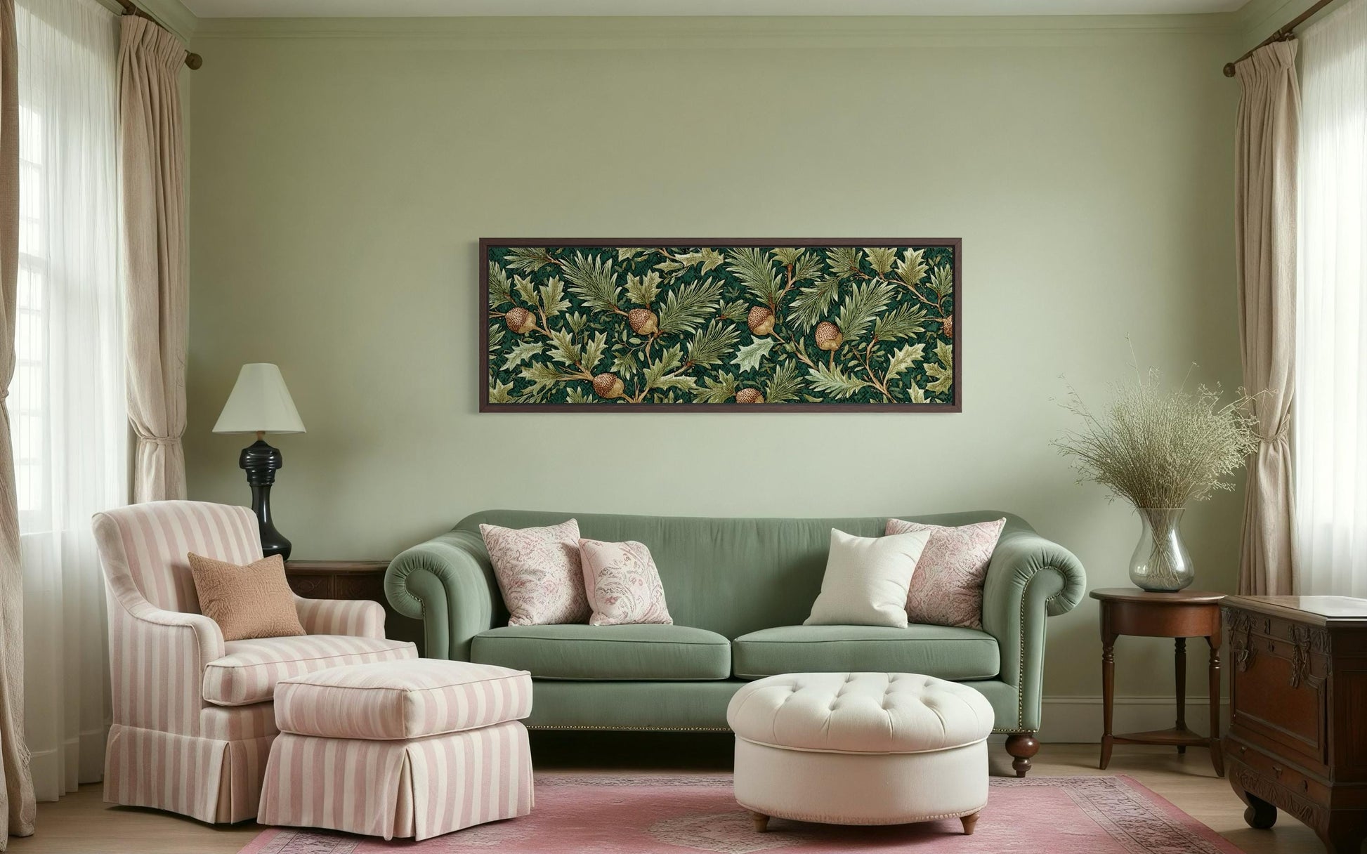 Leaves and Acorns Long Horizontal Wall Art William Morris Style Green Canvas Wall Art