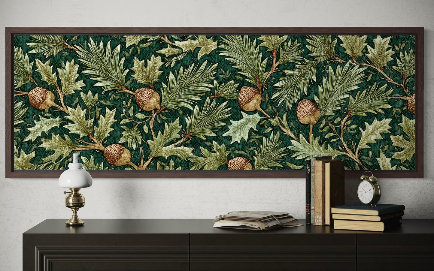 Leaves and Acorns Long Horizontal Wall Art William Morris Style Green Canvas Wall Art