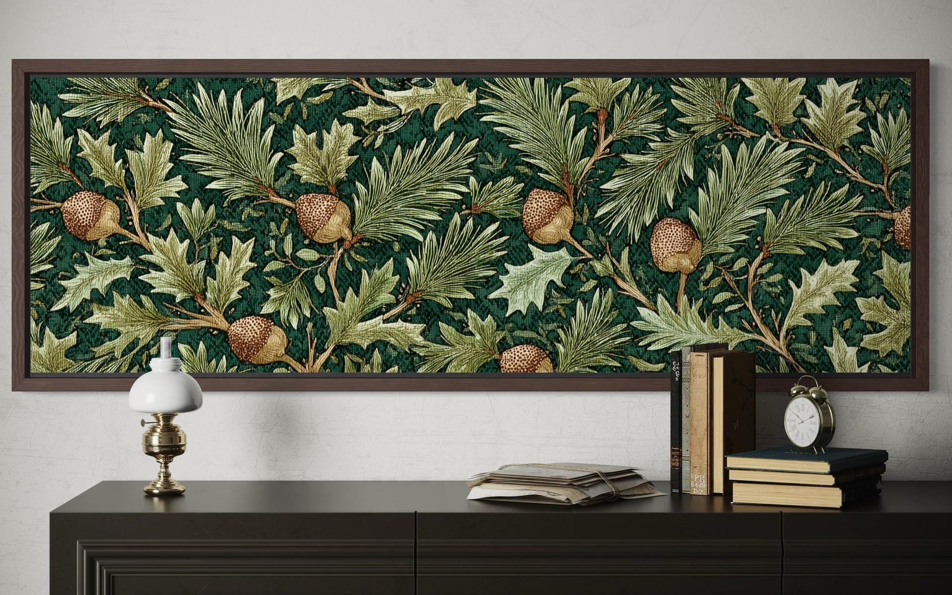 Leaves and Acorns Long Horizontal Wall Art William Morris Style Green Canvas Wall Art