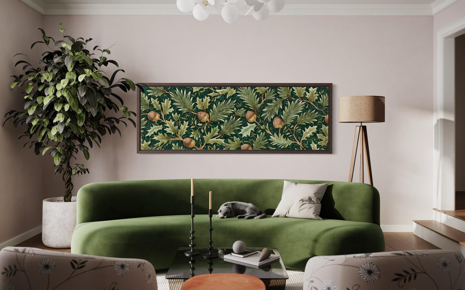 Leaves and Acorns Long Horizontal Wall Art William Morris Style Green Canvas Wall Art