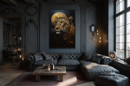 Leopard Wall Art | Moody Wildlife Canvas Print - Gold Black Big Cat Decor