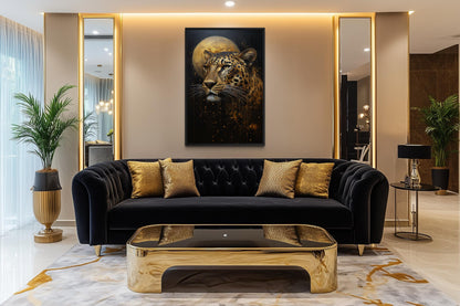 Leopard Wall Art | Moody Wildlife Canvas Print - Gold Black Big Cat Decor