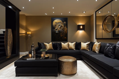 Leopard Wall Art | Moody Wildlife Canvas Print - Gold Black Big Cat Decor