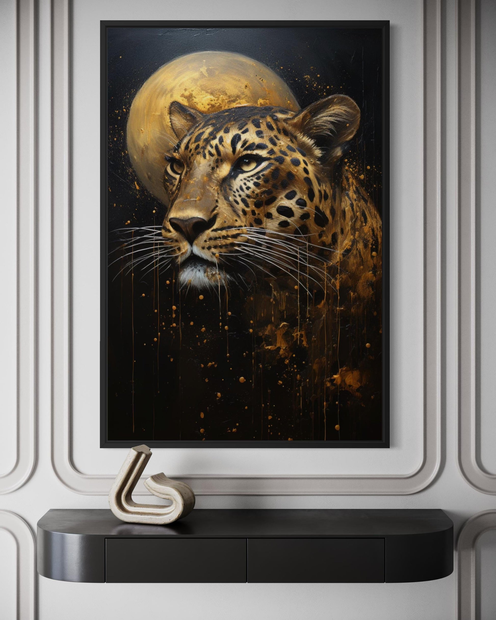 Leopard Wall Art | Moody Wildlife Canvas Print - Gold Black Big Cat Decor