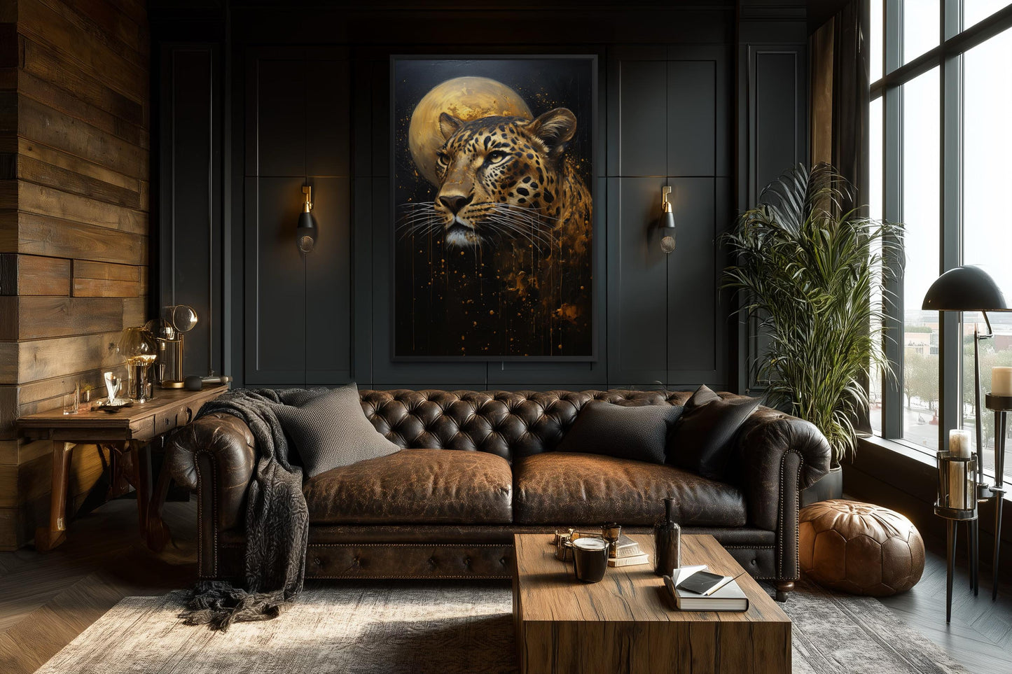 Leopard Wall Art | Moody Wildlife Canvas Print - Gold Black Big Cat Decor