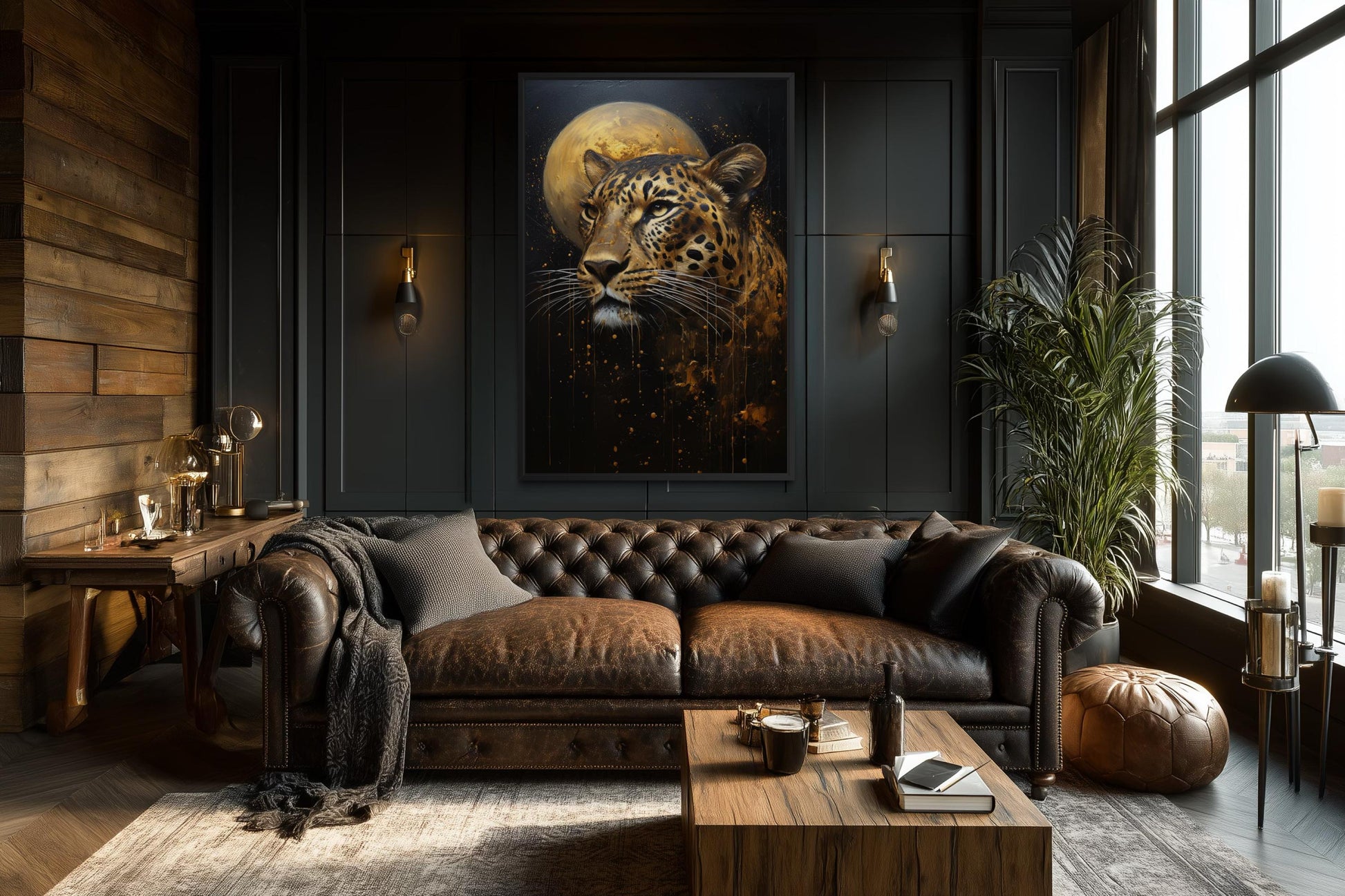 Leopard Wall Art | Moody Wildlife Canvas Print - Gold Black Big Cat Decor
