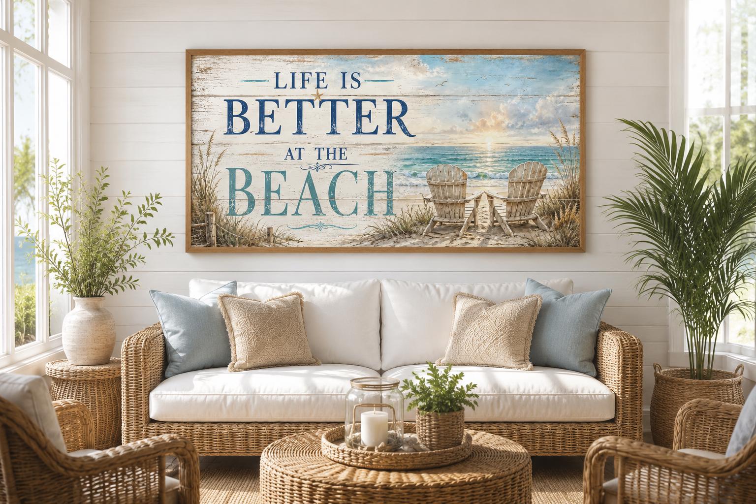 Life Is Better at the Beach Coastal Beach House Sign Canvas Wall Art