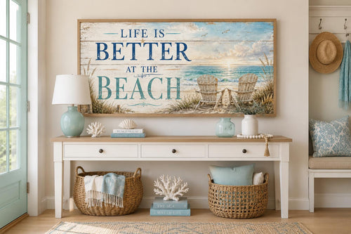 Life Is Better at the Beach Coastal Beach House Sign Canvas Wall Art