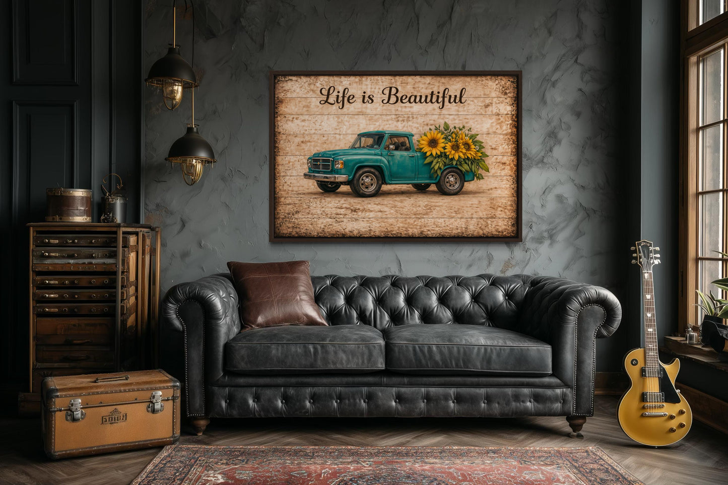 Life is Beautiful Sign With Farm Truck And Sunflowers Canvas Wall Art