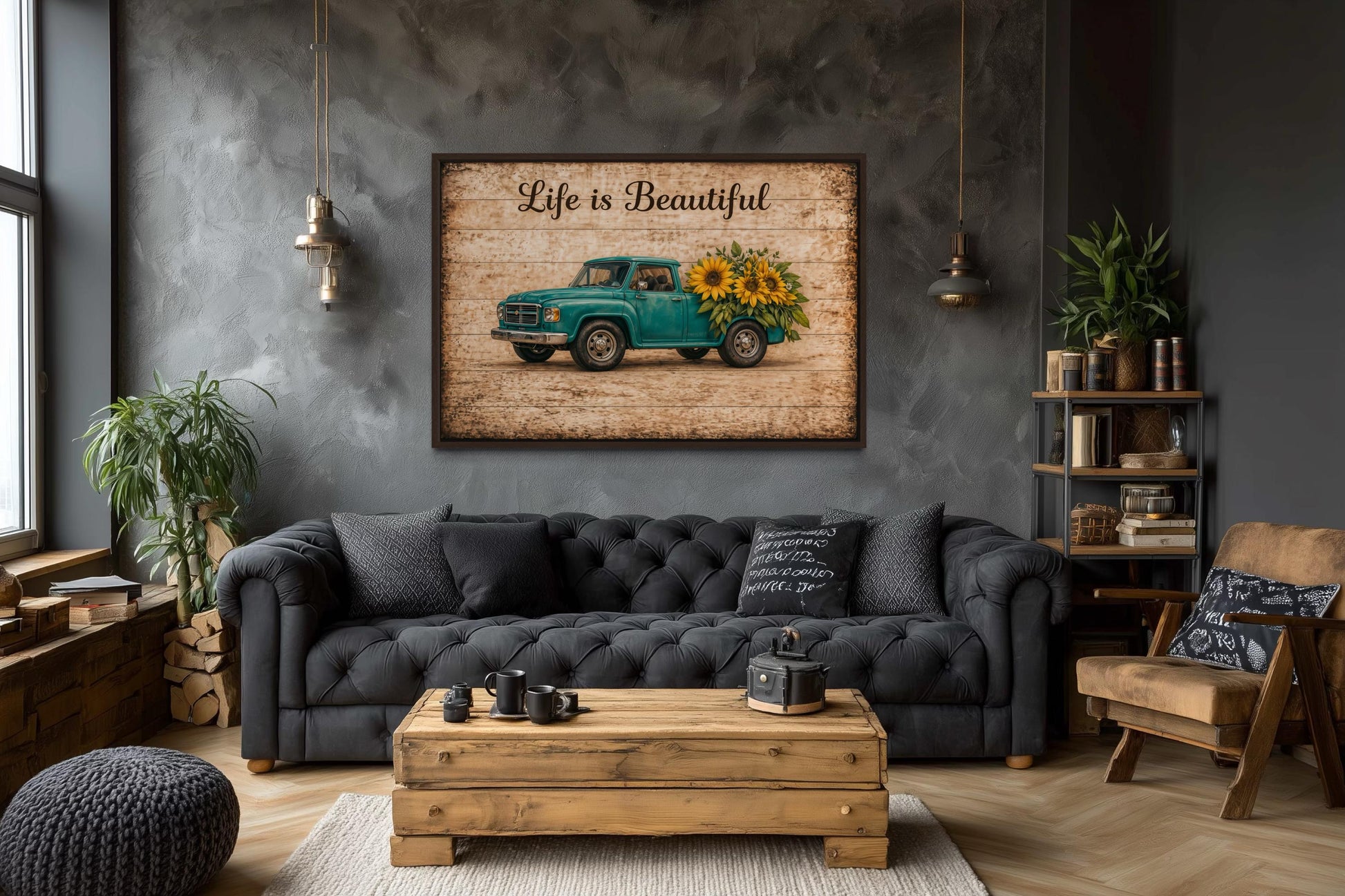 Life is Beautiful Sign With Farm Truck And Sunflowers Canvas Wall Art
