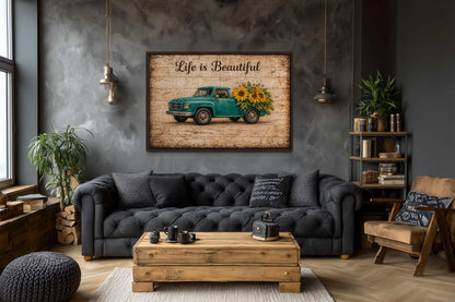 Life is Beautiful Sign With Farm Truck And Sunflowers Canvas Wall Art