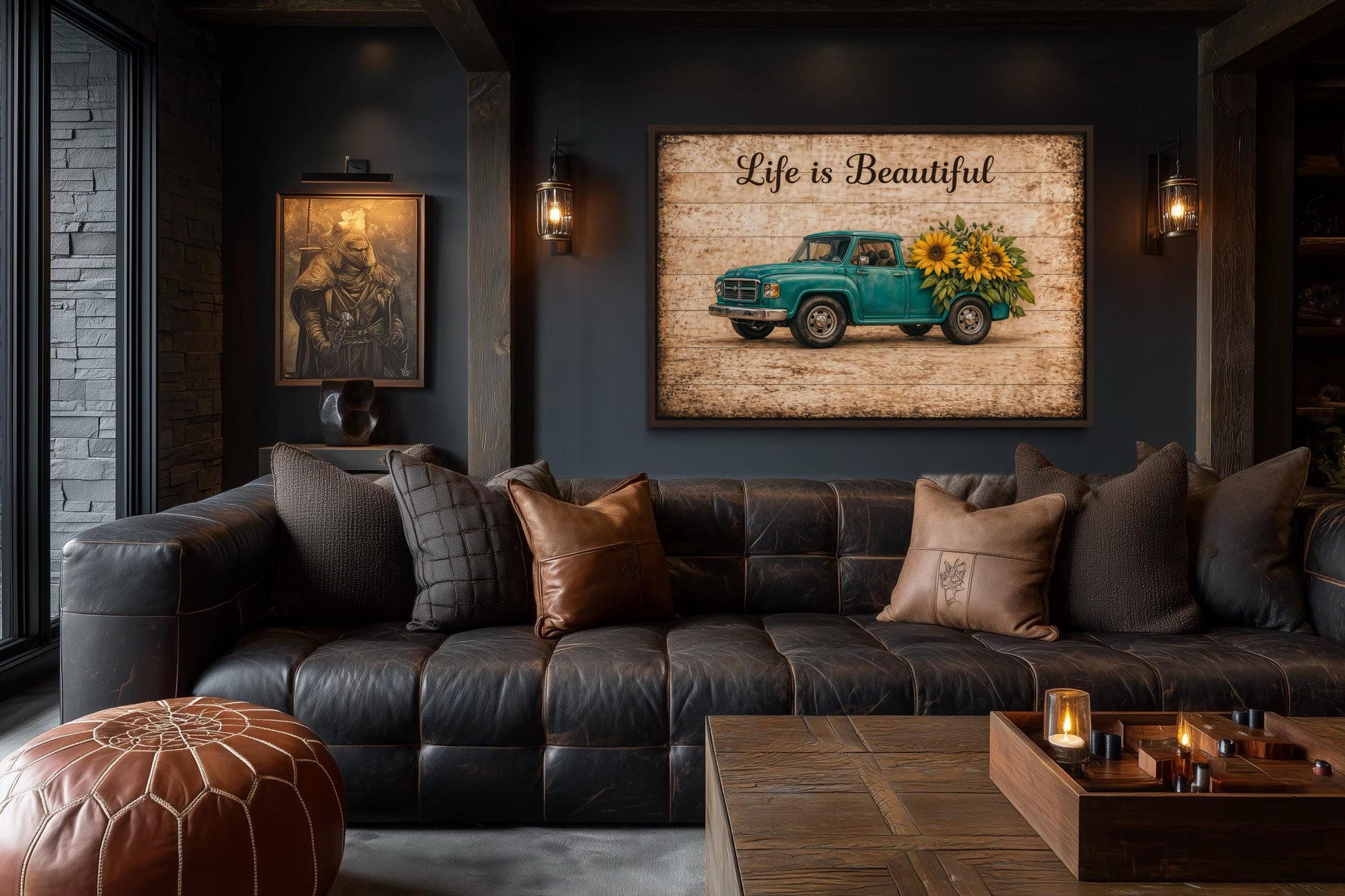 Life is Beautiful Sign With Farm Truck And Sunflowers Canvas Wall Art