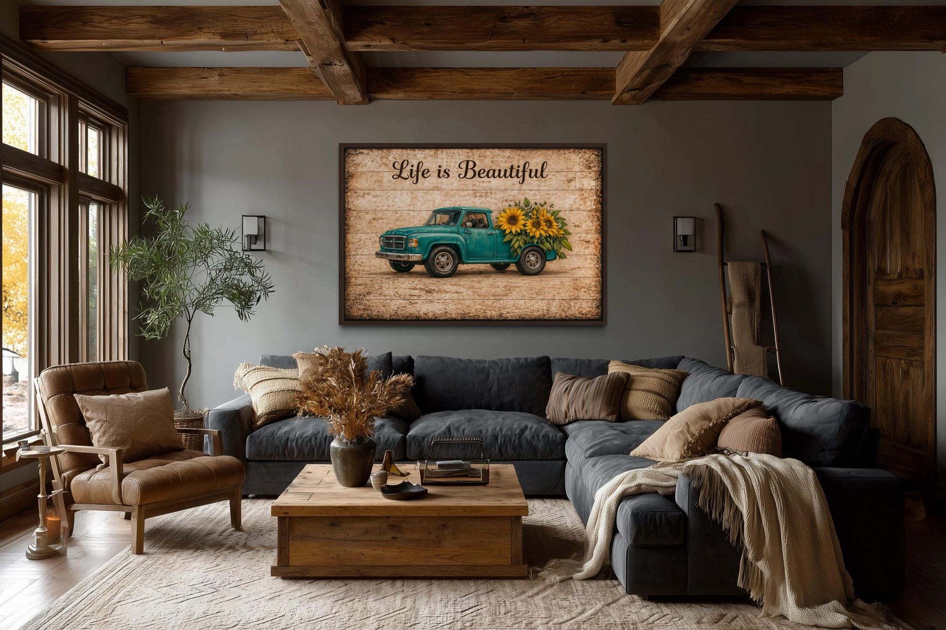 Life is Beautiful Sign With Farm Truck And Sunflowers Canvas Wall Art