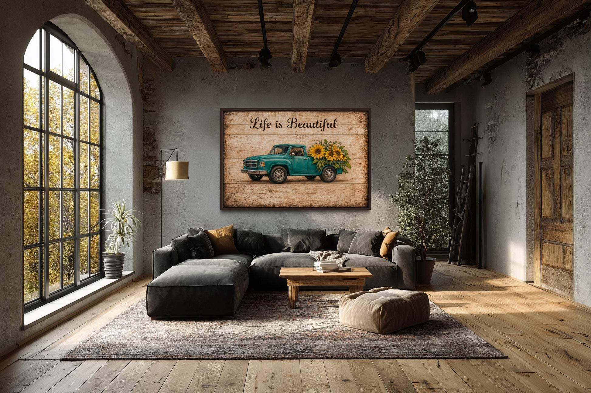 Life is Beautiful Sign With Farm Truck And Sunflowers Canvas Wall Art