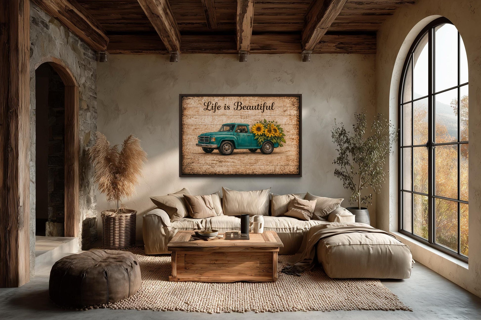 Life is Beautiful Sign With Farm Truck And Sunflowers Canvas Wall Art