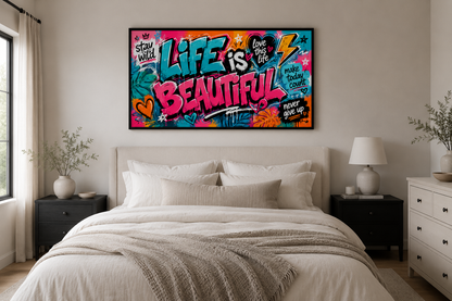 Life Is Beautiful Graffiti Framed Canvas Wall Art - Motivation For Women's Office