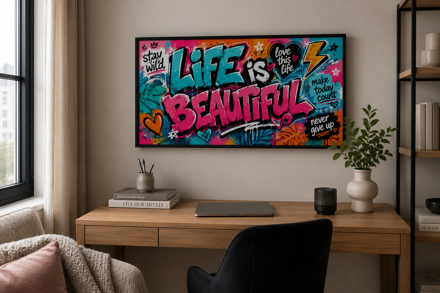 Life Is Beautiful Graffiti Framed Canvas Wall Art - Motivation For Women's Office