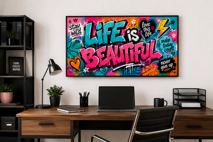 Life Is Beautiful Graffiti Framed Canvas Wall Art - Motivation For Women's Office