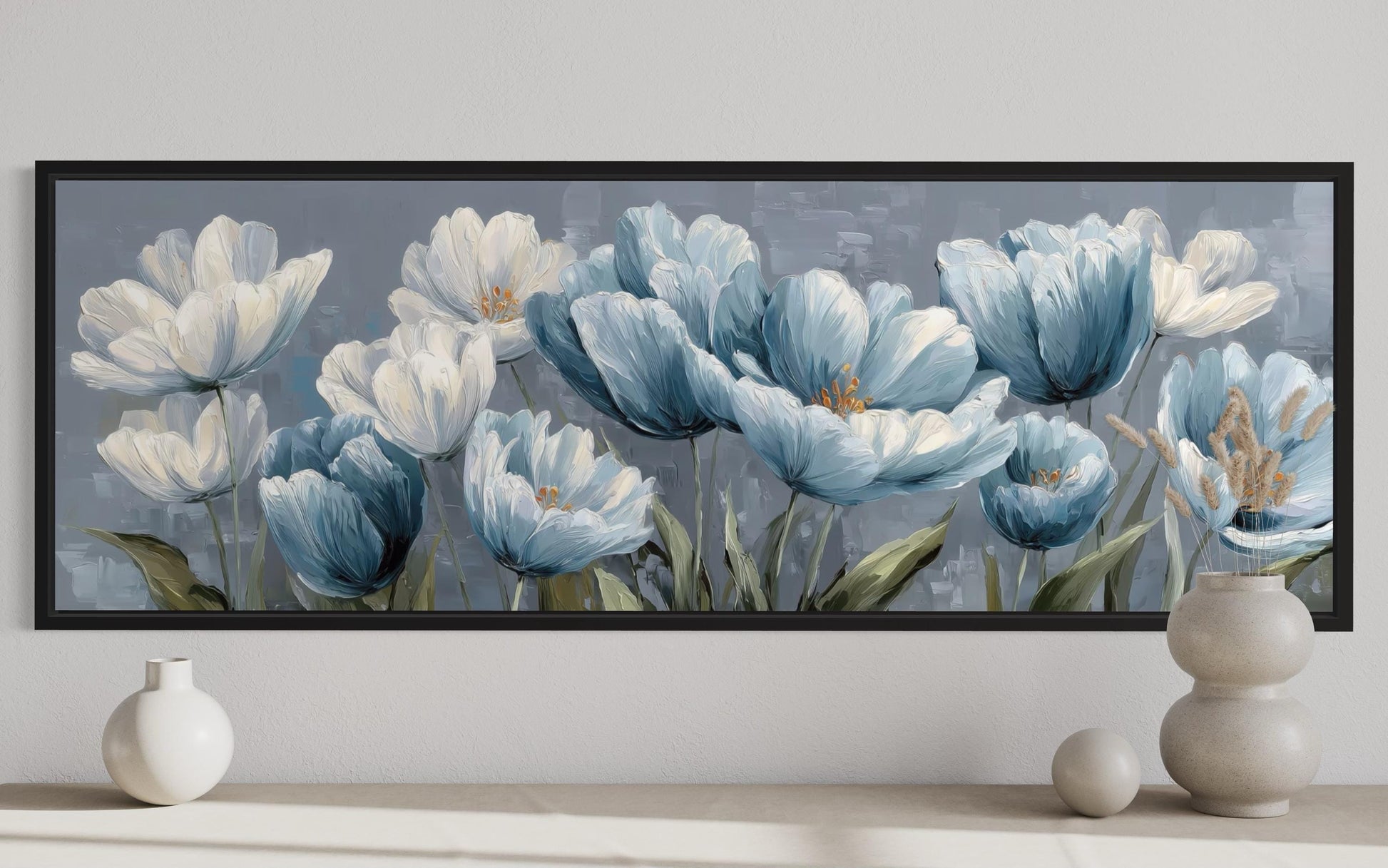 Light Blue Abstract Flowers Long Horizontal Wall Art For Above Bed Or Couch