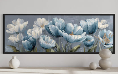 Light Blue Abstract Flowers Long Horizontal Wall Art For Above Bed Or Couch