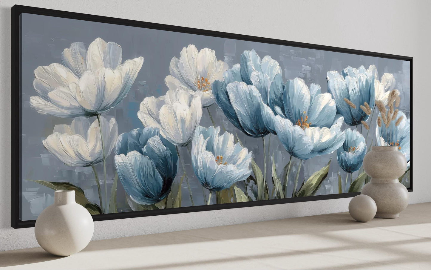 Light Blue Abstract Flowers Long Horizontal Wall Art For Above Bed Or Couch