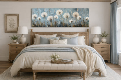 Light Blue Dandelions And Butterflies Horizontal Framed Canvas Wall Art
