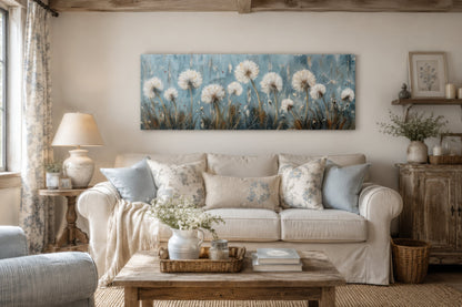 Light Blue Dandelions And Butterflies Horizontal Framed Canvas Wall Art