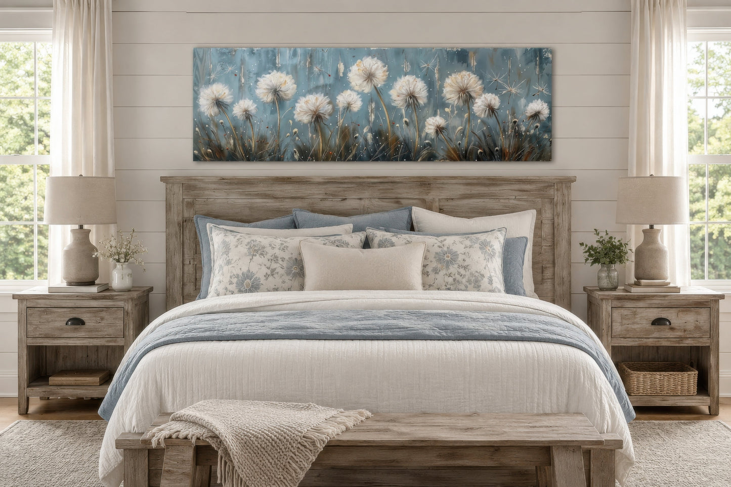 Light Blue Dandelions And Butterflies Horizontal Framed Canvas Wall Art