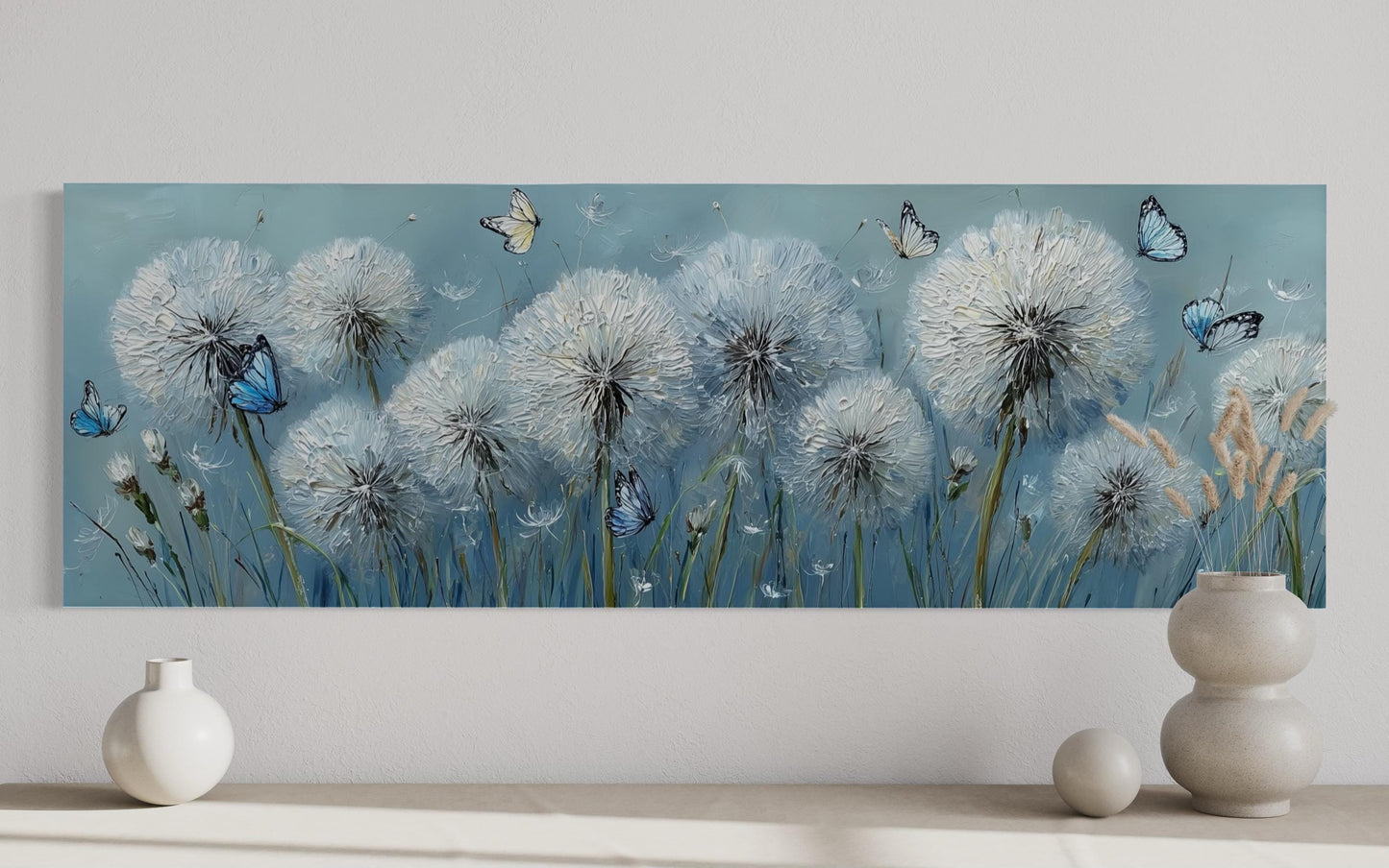 Light Blue Dandelions And Butterflies Horizontal Framed Canvas Wall Art